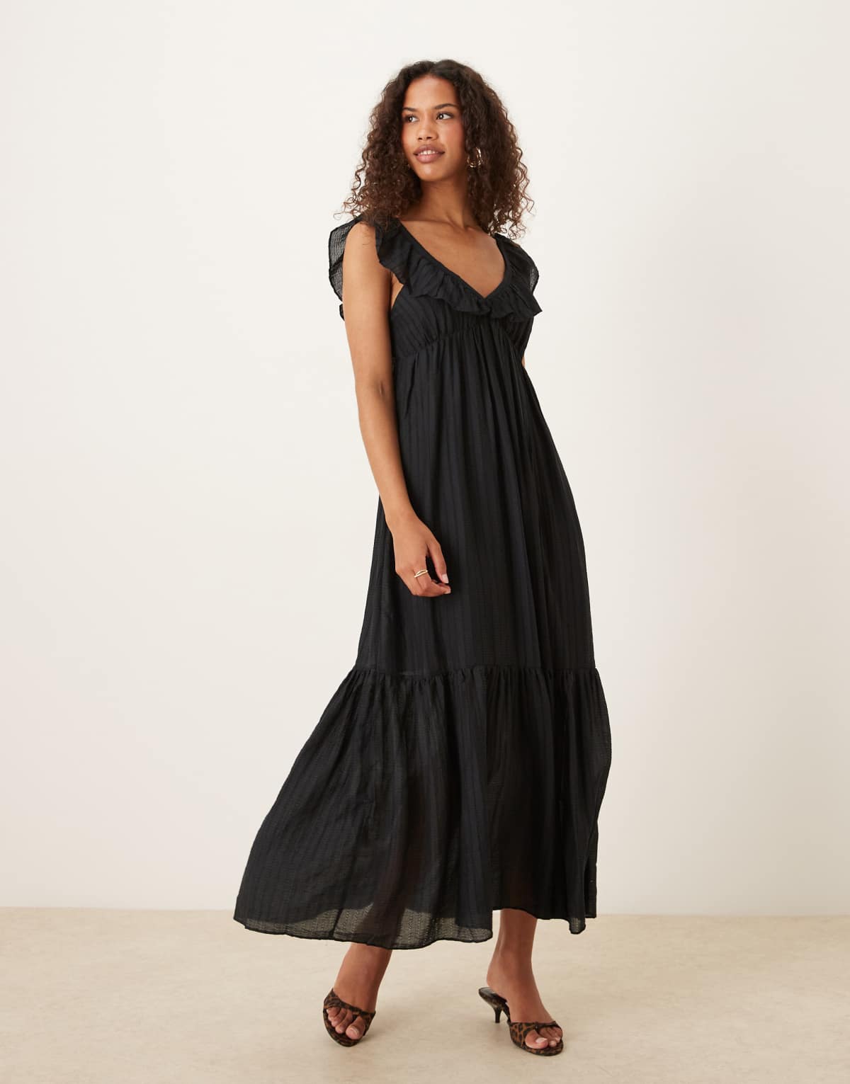 Mango v neck tiered maxi dress in black