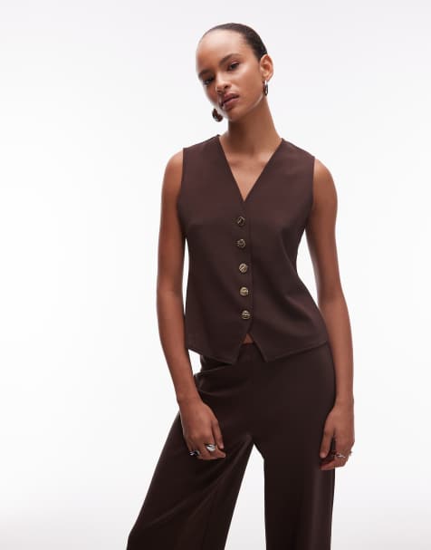Mango v neck waistcoat co-ord with gold buttons in brown - view 1
