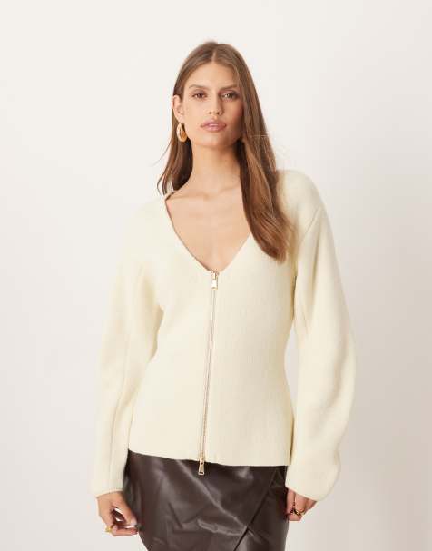 Mango v neck zip through cardigan in white - view 1