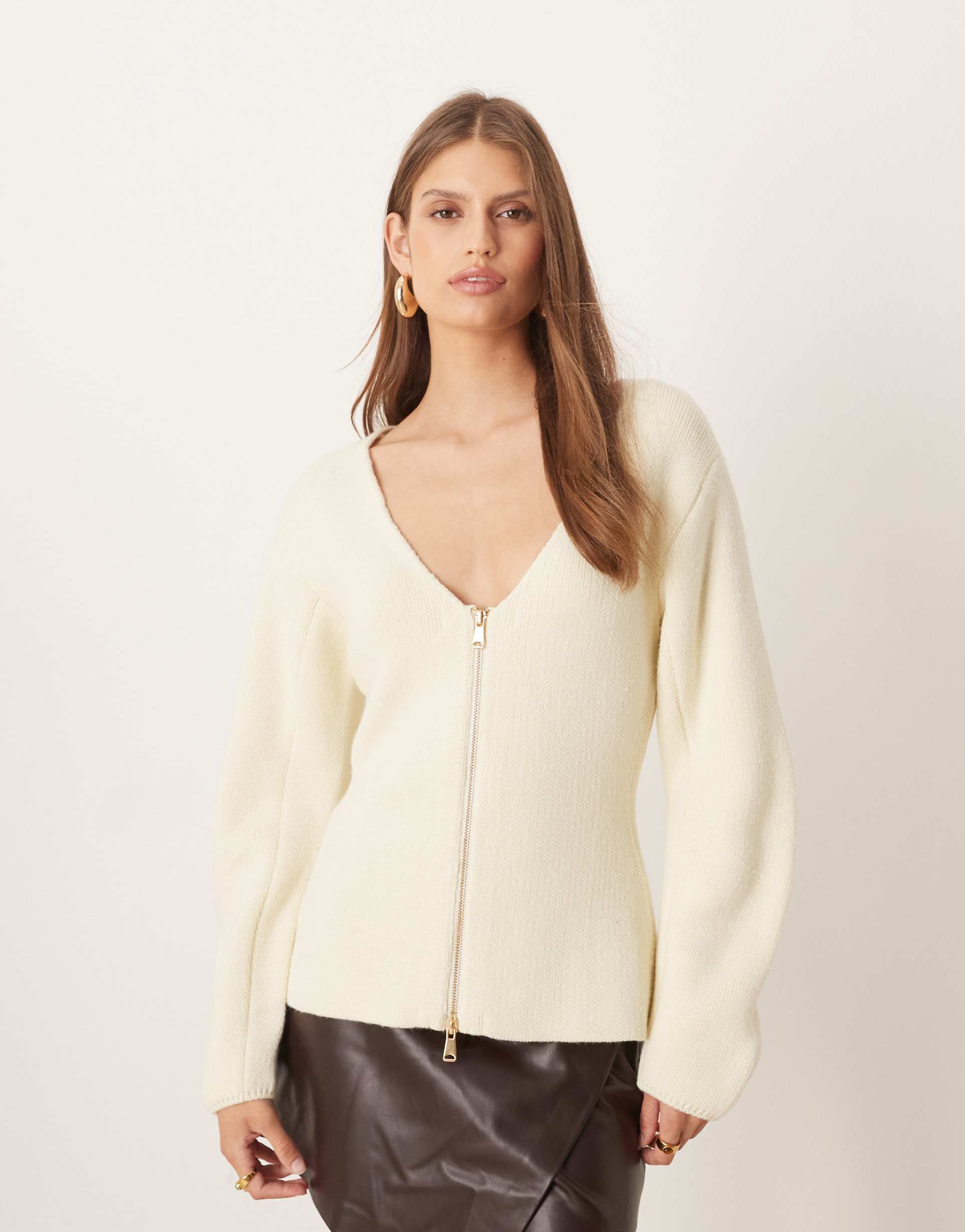 mango v neck zip through cardigan in white