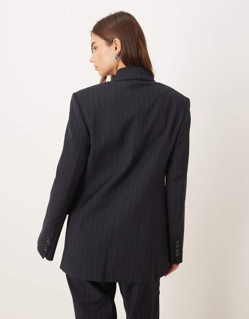 Mango – Varsovia – Granatowa dopasowana marynarka oversize w prążki, część zestawu, 3 z 4