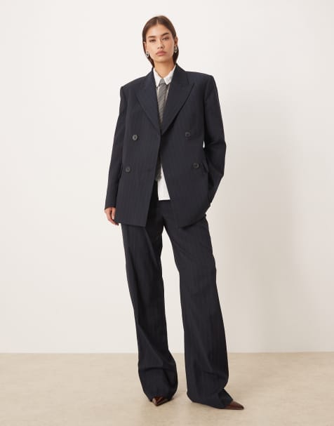 Mango Varsovia tailored flared trouser co-ord in navy pinstripe
