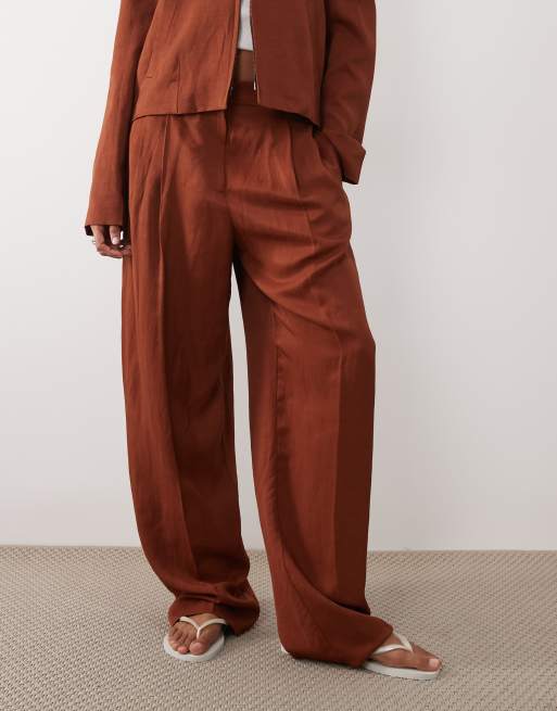 Mango Vbbargen linen mix pleat front straight trouser co-ord in rust, 2 of 5