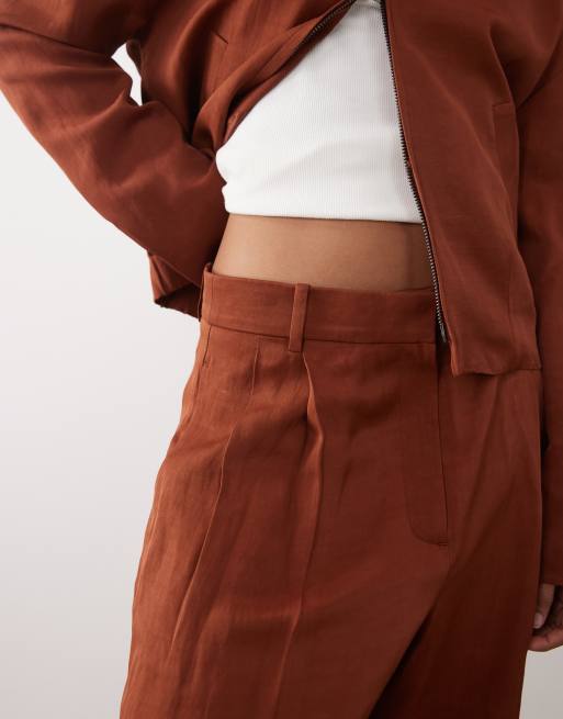 Mango Vbbargen linen mix pleat front straight trouser co-ord in rust, 3 of 5