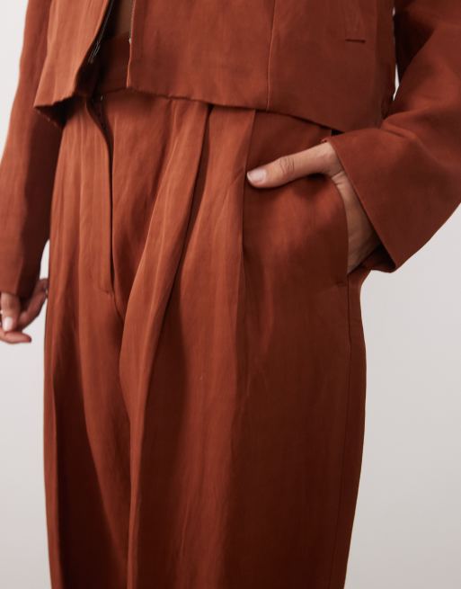 Mango Vbbargen linen mix pleat front straight trouser co-ord in rust, 4 of 5