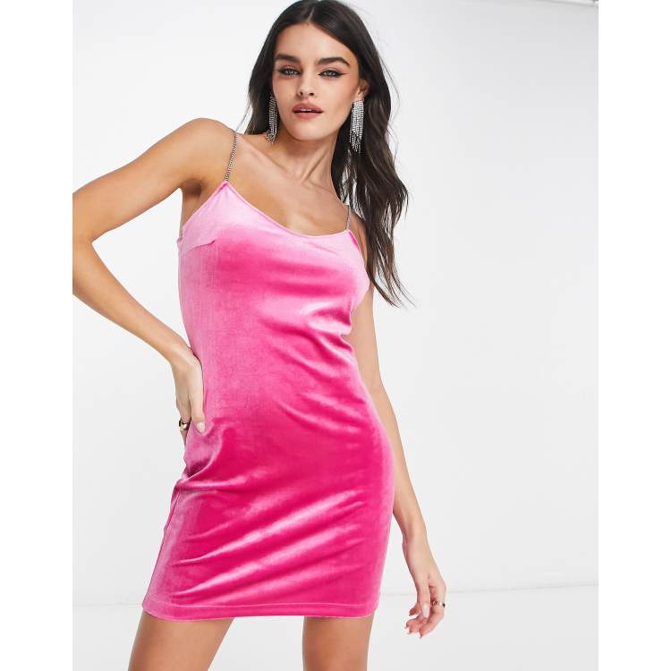 Mango velvet mini dress with diamante straps in bright pink