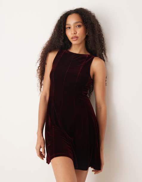 Mango velvet mini shift dress in burgundy
