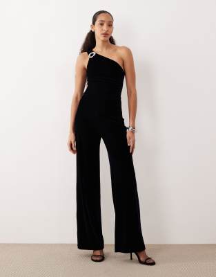 Mango Velvet One Shoulder Jumpsuit With Hardware Detail In Blue