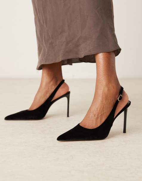 Mango velvet pointed heeled slingback in black - view 1