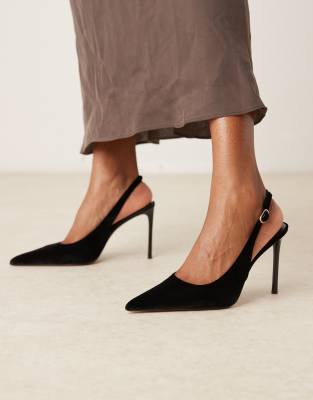 Mango Velvet Pointed Toe Heeled Slingbacks In Black