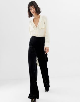 wide leg black velvet trousers