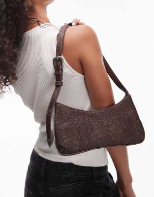 Mango – Verzierte Schultertasche mit Western-Design in Dunkelbraun