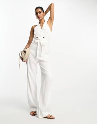 Mango Vest Detail Tie Waist Jumpsuit In Ecru-white