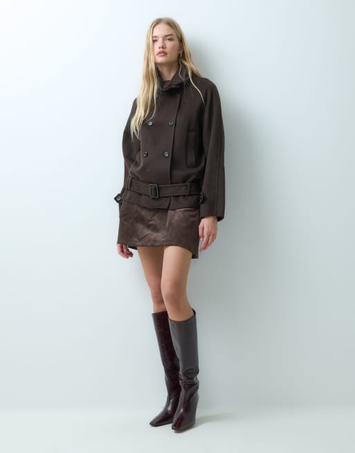 Mango veste à col cheminée ceinturée en mélange de laine couleur chocolat, 3 de 4
