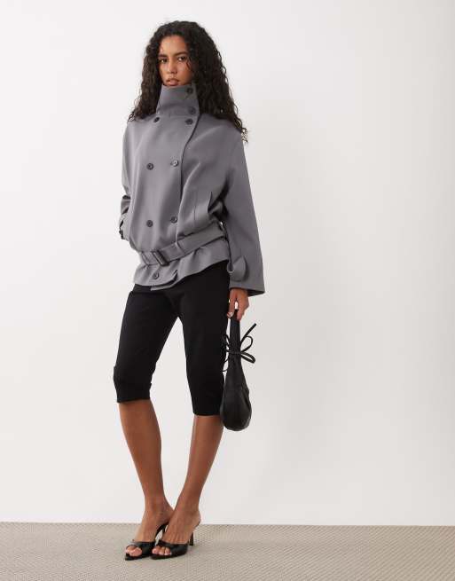 Mango veste à col cheminée ceinturée grise, 2 de 4