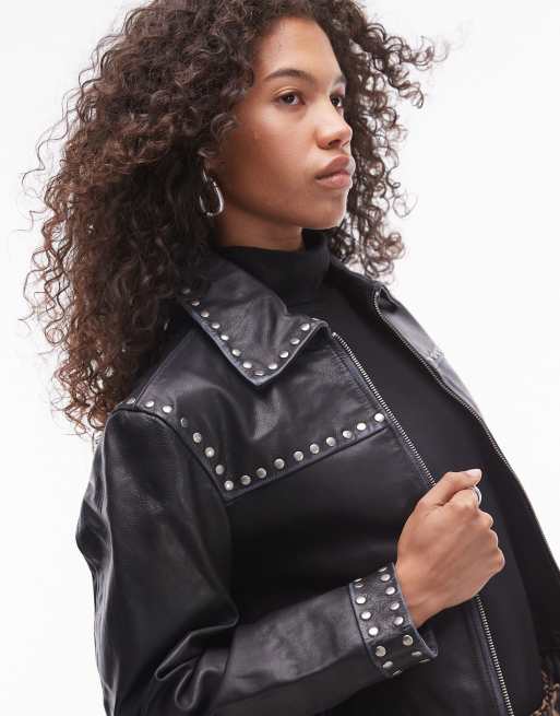 Mango Veste cloutee en cuir Noir ASOS