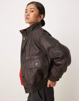 Mango - Veste en cuir à col montant - Chocolat-Brown