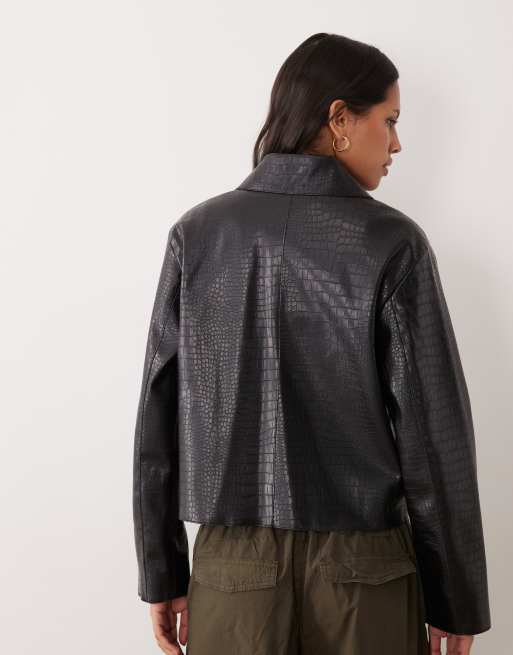 Mango veste en cuir effet croco noire, 4 de 4