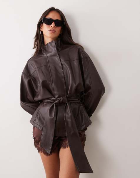 Mango veste en imitation cuir à nouer à la taille marron - view 1