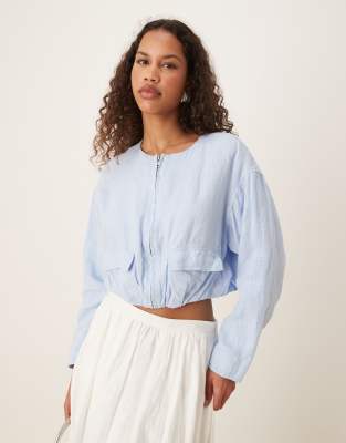 Mango - Veste en lin courte style fonctionnel - Bleu clair