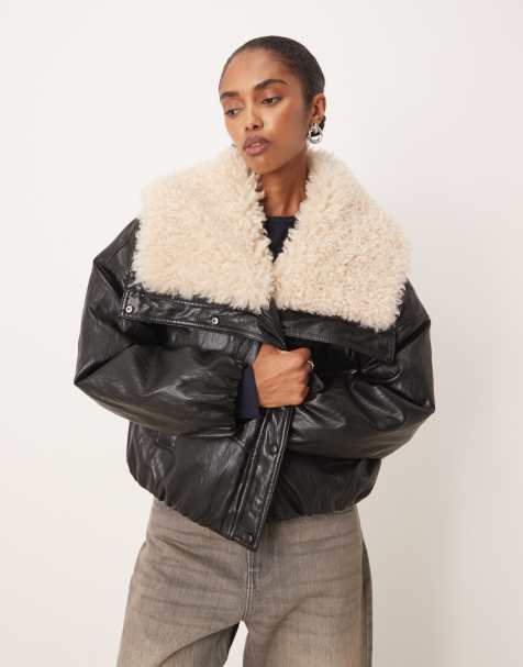 Mango - Veste en similicuir avec col oversize en imitation peau de mouton - Noir - view 1