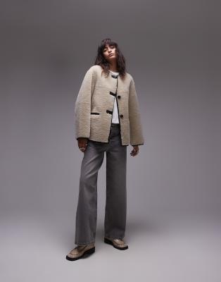 Mango - Veste sans col imitation peau de mouton avec détails contrastants - Écru-Neutral