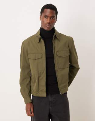Mango - Veste zippée en coton mélangé - Vert chasse