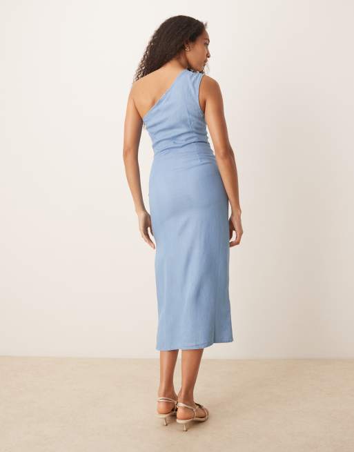 Mango - Vestito al polpaccio monospalla con drappeggio e spacco laterale effetto denim blu, 3 di 4