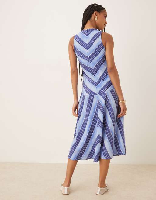 Mango - Vestito blu a righe con scollo a V e vita scesa, 4 di 4