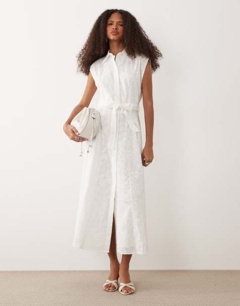 Mango - Vestito camicia midi allacciato in vita in 100% cotone bianco ricamato - view 1