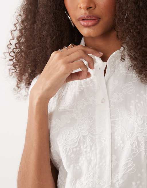 Mango - Vestito camicia midi allacciato in vita in 100% cotone bianco ricamato, 3 di 4