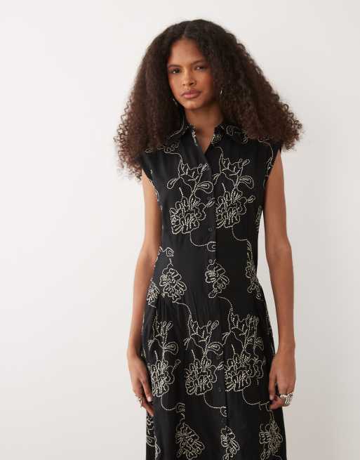 Mango - Vestito camicia midi senza maniche nero ricamato, 2 di 4
