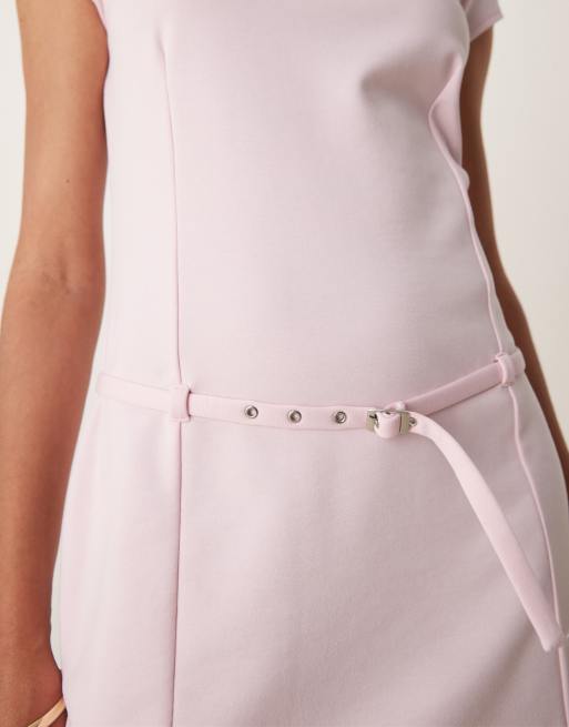 Mango - Vestito corto a maniche corte rosa pastello con scollo dritto e cintura sottile, 4 di 4