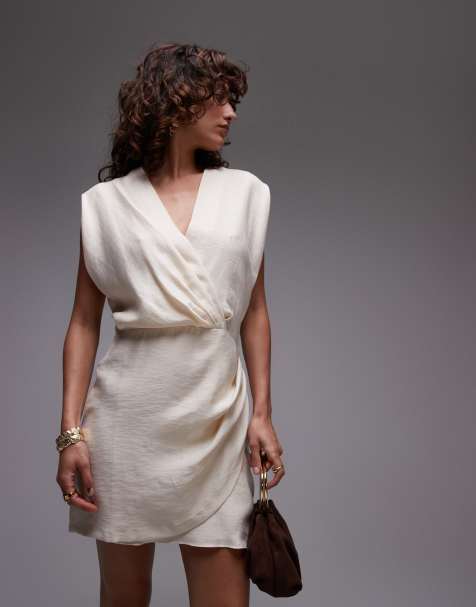 Mango - Vestito corto beige chiaro in tessuto drappeggiato con scollo a V e vita stretta - view 1