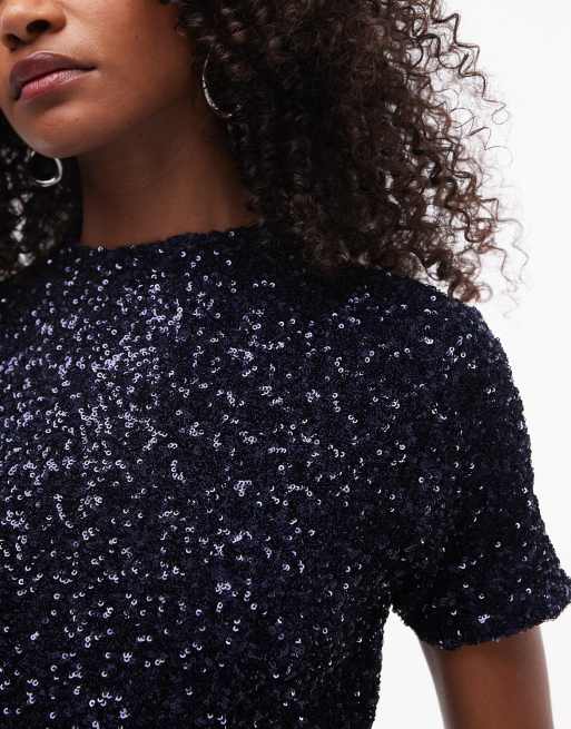 Mango Vestito corto blu navy a maniche corte con paillettes ASOS