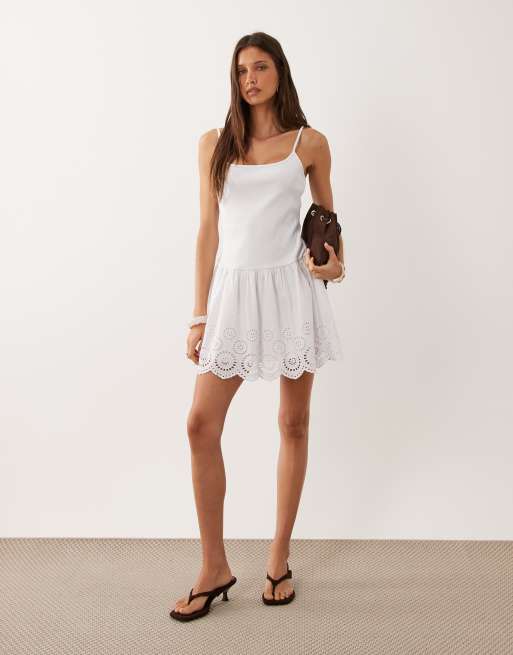 Mango - Vestito corto in 100% cotone bianco con spalline sottili e gonna ricamata, 2 di 4