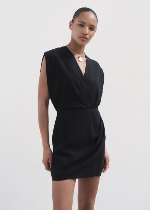 Mango - Vestito corto senza maniche nero drappeggiato con scollo a V, 2 di 4