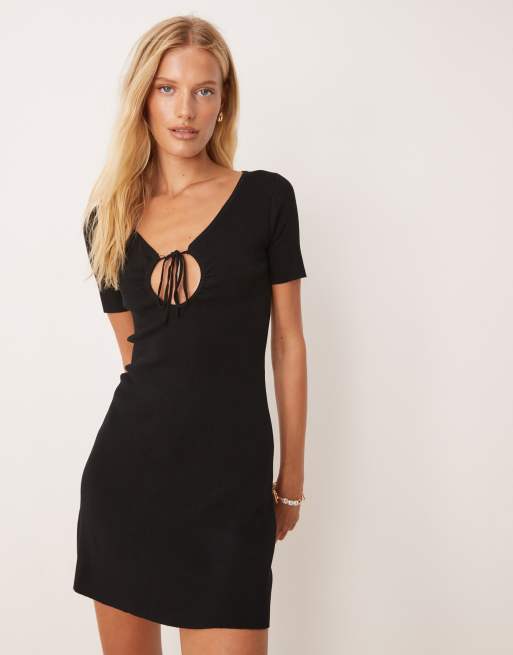 Mango - Vestito da giorno corto in maglia compatta nero con dettaglio allacciato