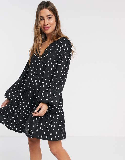 Mango - Vestito grembiule a balze in jersey nero a pois