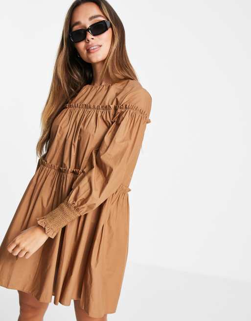 Mango - Vestito in popeline con maniche a sbuffo color cammello