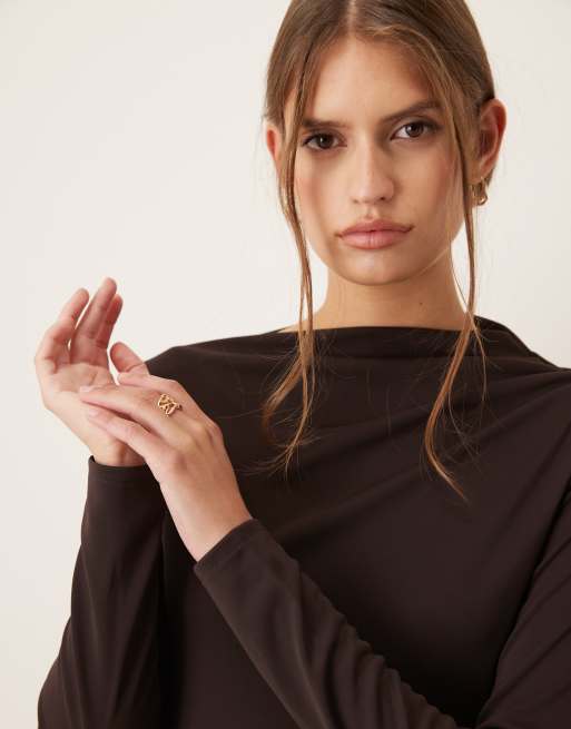 Mango - Vestito lungo a maniche lunghe marrone con scollo a barchetta , 2 di 4