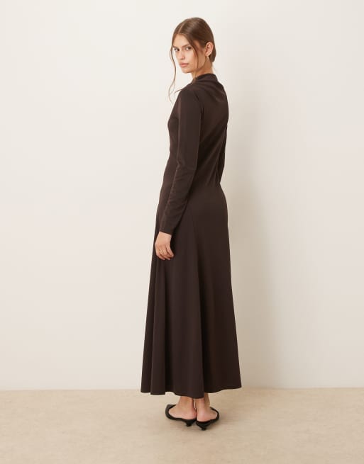 Mango - Vestito lungo a maniche lunghe marrone con scollo a barchetta , 4 di 4