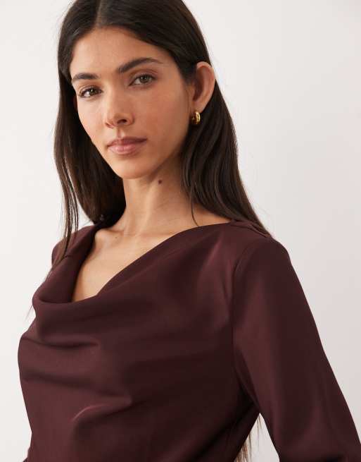 Mango - Vestito lungo a maniche lunghe rosso intenso con scollo drappeggiato, 3 di 4
