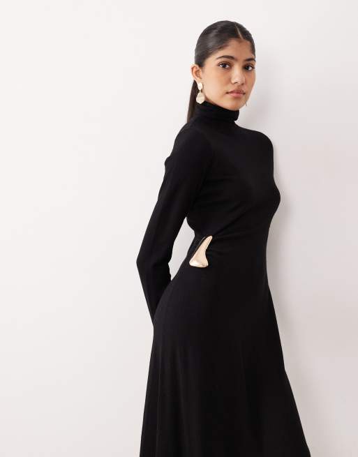 Mango - Vestito lungo accollato a maniche lunghe nero con dettaglio in metallo, 2 di 4