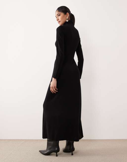 Mango - Vestito lungo accollato a maniche lunghe nero con dettaglio in metallo, 3 di 4