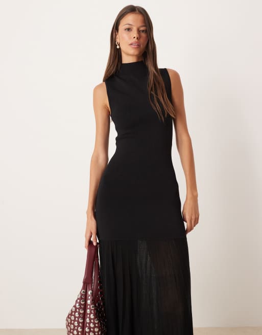 Mango - Vestito lungo accollato senza maniche nero con gonna trasparente, 2 di 4