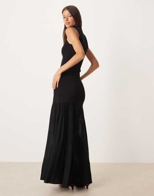 Mango - Vestito lungo accollato senza maniche nero con gonna trasparente, 4 di 4
