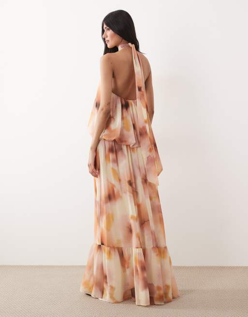 Mango - Vestito lungo allacciato al collo a balze color crema a fiori sfocati, 2 di 4