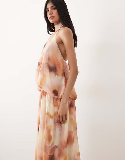 Mango - Vestito lungo allacciato al collo a balze color crema a fiori sfocati, 4 di 4