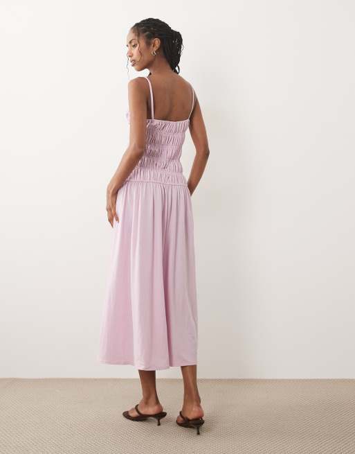Mango - Vestito lungo arricciato con vita scesa rosa pastello, 4 di 4